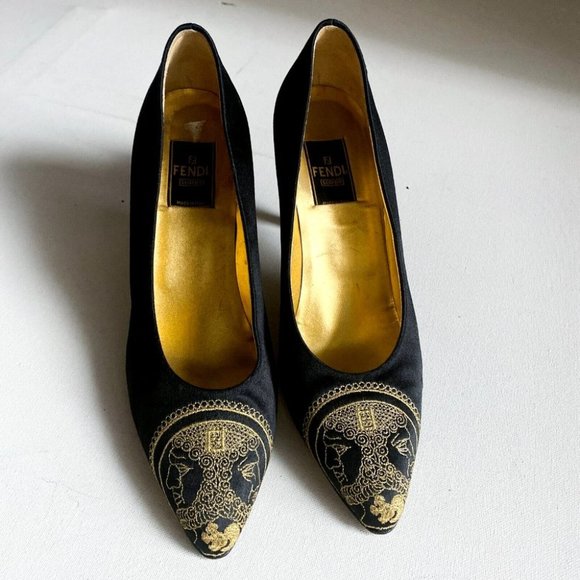 Fendi Shoes - Vintage Fendi Black Satin Gold Embroidered Heels 37.5